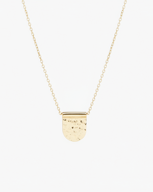 A gold-plated hammered charm necklace with a length of 16 inches, displayed against a light grey background.