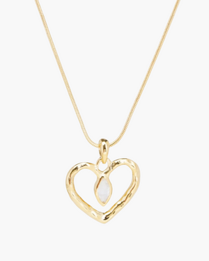 A gold-plated sterling silver snake chain necklace with a central rainbow moonstone heart charm.