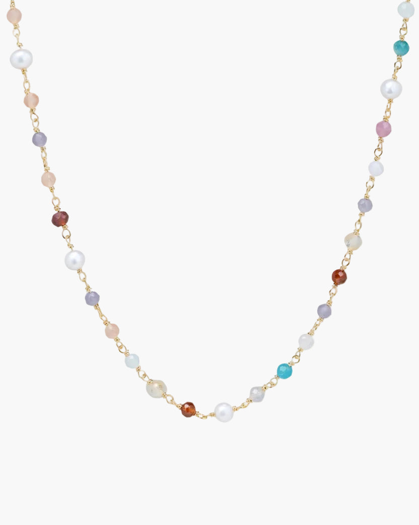 Necklace with mult-icolored beads on a white background
