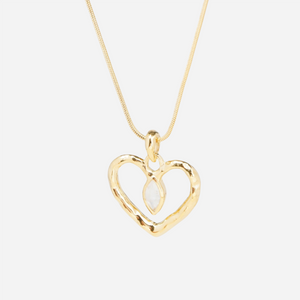 gold-plated sterling silver snake chain necklace with a central rainbow moonstone heart charm on white background