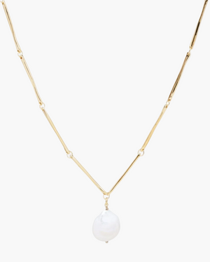 gold plated tube chain necklace with a coin pearl charm