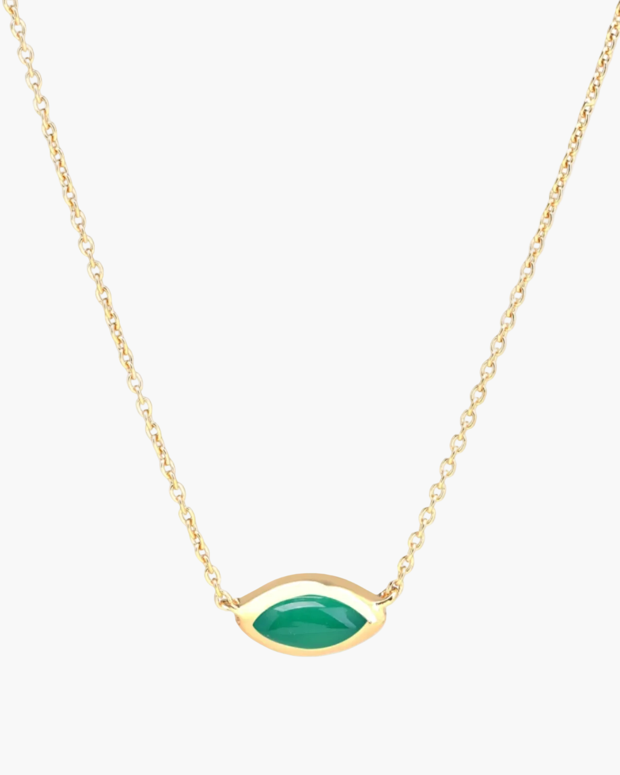 A gold-plated sterling silver chain necklace with a green agate evil eye charm.