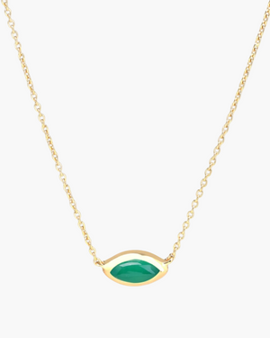 A gold-plated sterling silver chain necklace with a green agate evil eye charm.