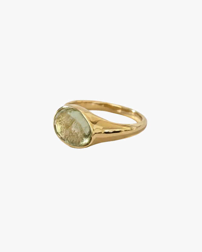Gold ring with a circular stone on a white background