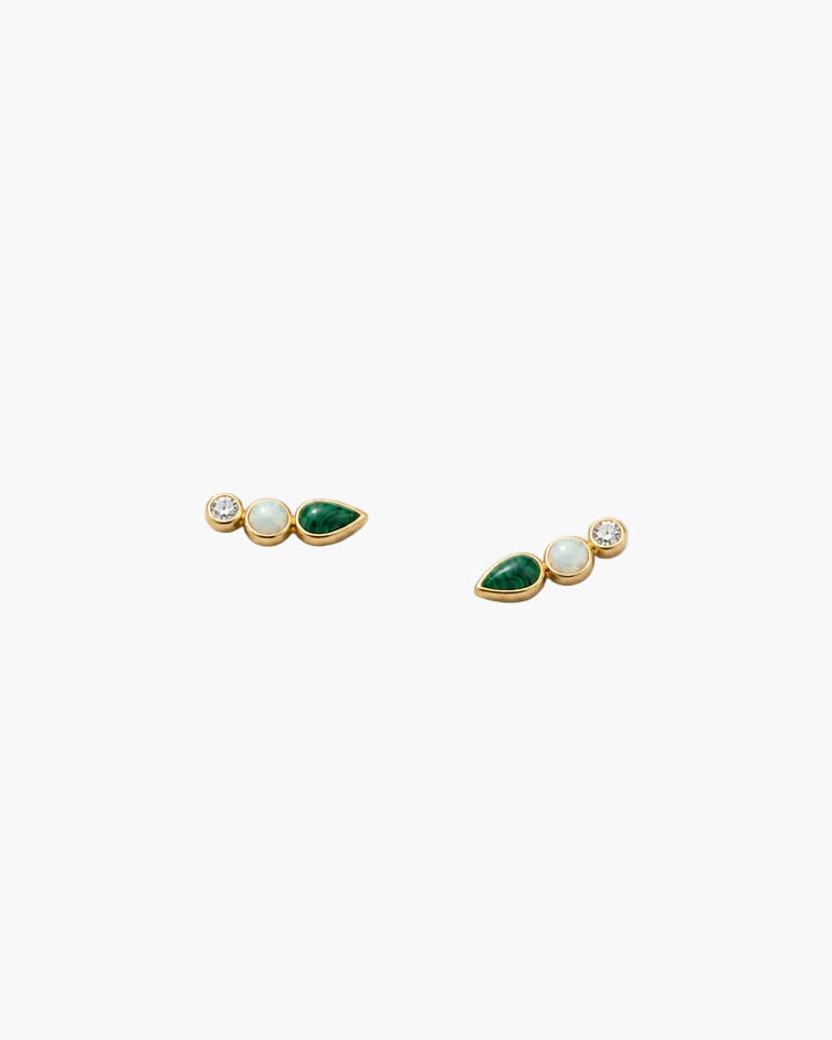 A pair of gold stud earrings featuring green teardrop-shaped stones, round white opal-like stones, and small clear gemstones, displayed on a clean white background.