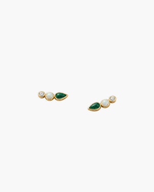 A pair of gold stud earrings featuring green teardrop-shaped stones, round white opal-like stones, and small clear gemstones, displayed on a clean white background.