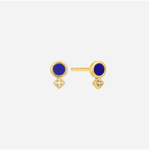 Gold earrings with blue gemstones and small diamond shaped cubic zirconia accents on a white background