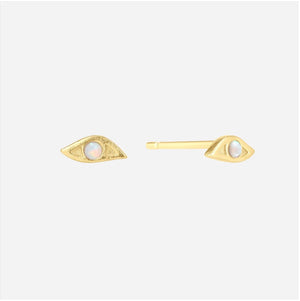 Gold evil eye mini opal earrings on a white background