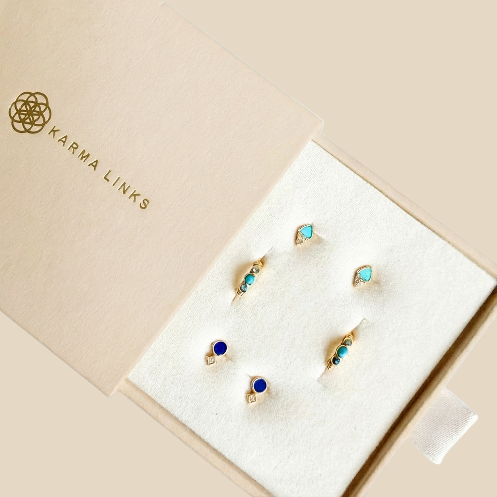 Jewellery set in a 'Karma Links' box on a light grey background