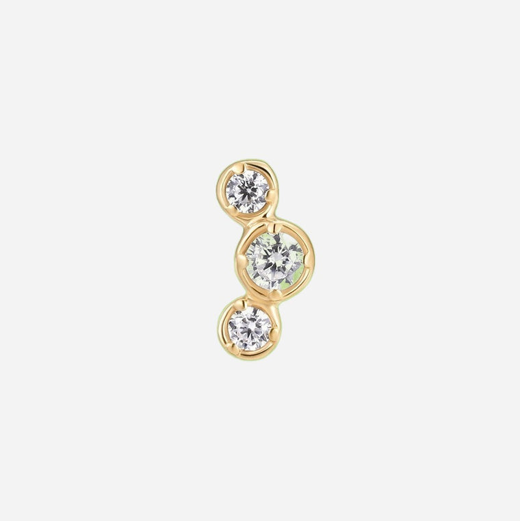 Triple diamond solid gold single stud earring
