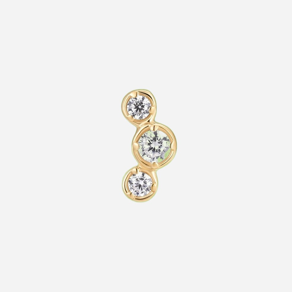 Triple diamond solid gold single stud earring
