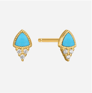 Gold earrings with turquoise stones and small cubic zirconia stone accents on a white background