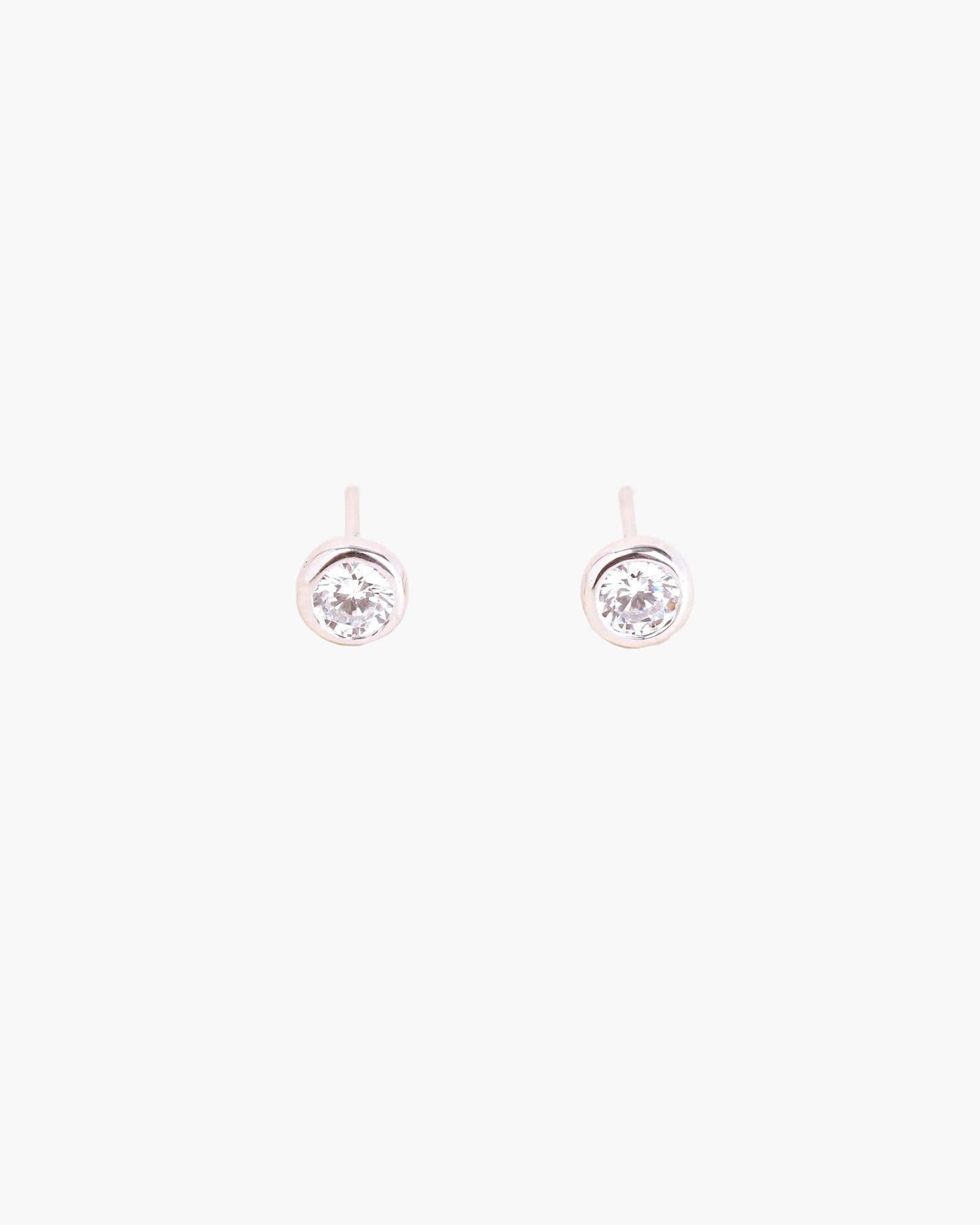 silver sparkling bubble bezel  stud earrings on a blue box