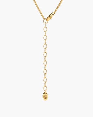 backside of double ring necklace on light grey background