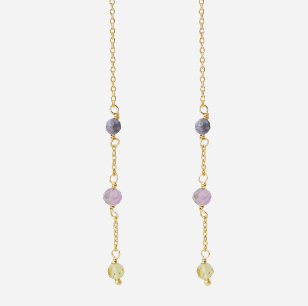 gemstone thread through earrings sapphire, amethyst peridot