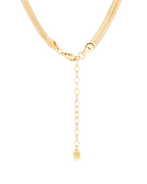 backside of gold herringbone choker necklace logo tag and extension chain 