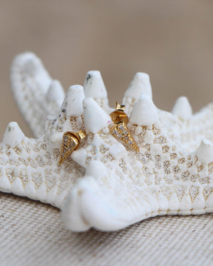 gold spike stud earrings on a dried starfish on a neutral background