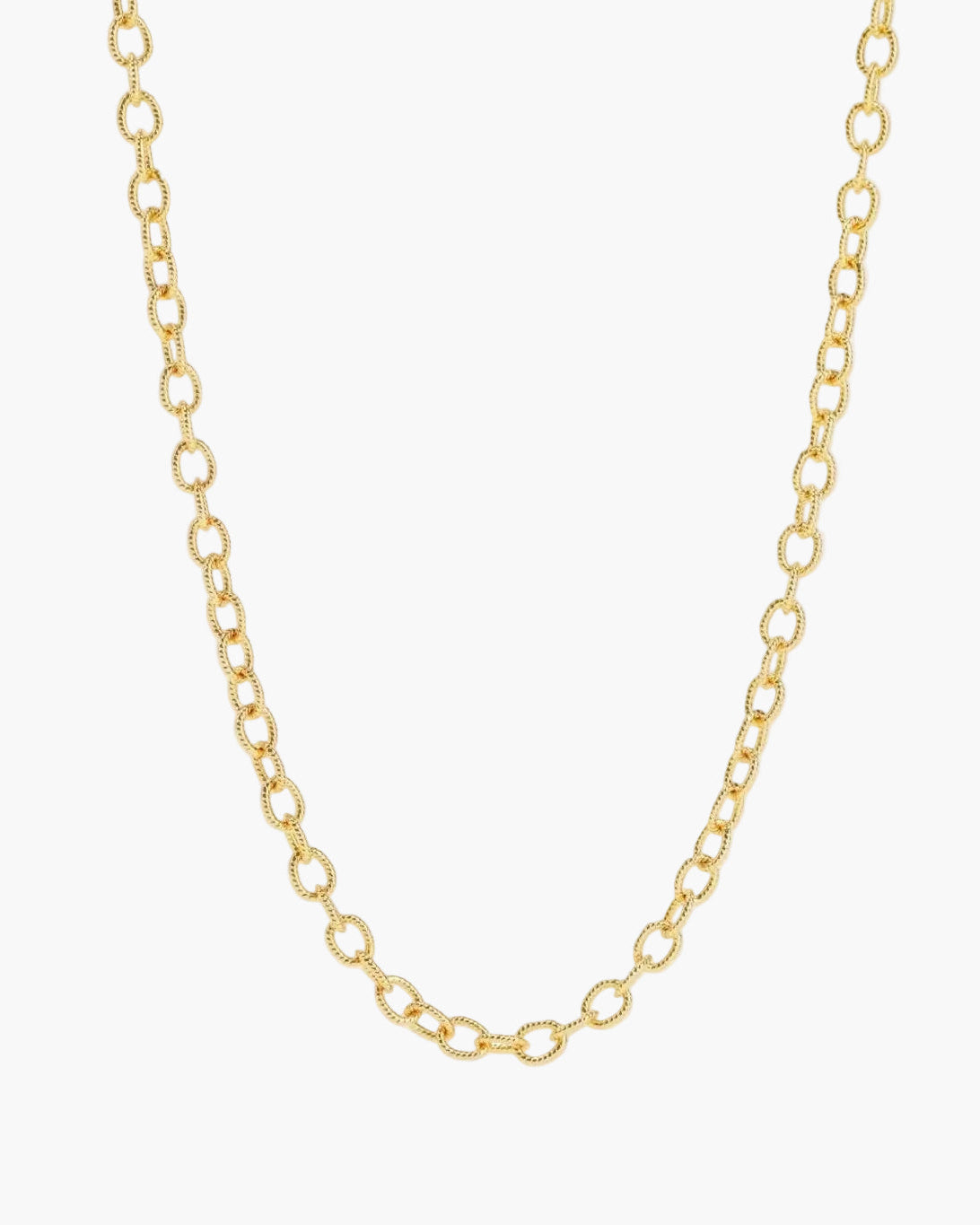 gold textured cable chain necklace on a light grey background