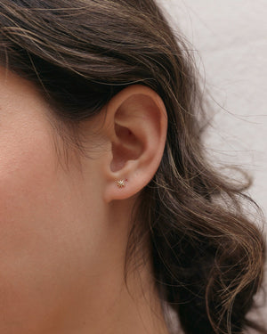 a woman's ear showing solid gold diamond starburst - single stud